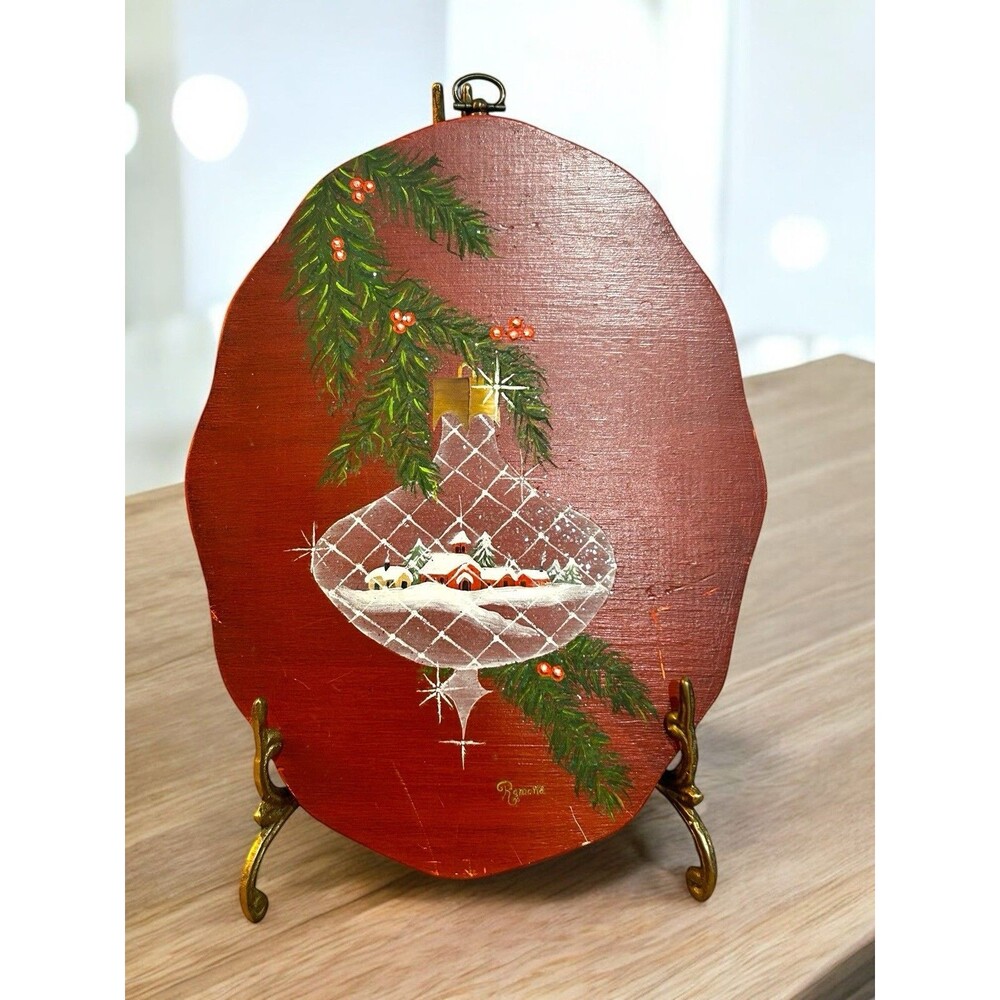 Vtg Hand Tole Painted Christmas Ornament Winter Scene Scalloped Oval Wood Signed